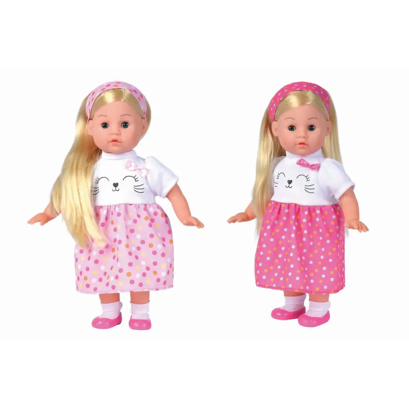 Zwei blonde Puppen in gepunkteten Kleidern und Stirnbändern stehen nebeneinander vor weißem Hintergrund. Zwei blonde Puppen in gepunkteten Kleidern und Stirnbändern stehen nebeneinander vor weißem Hintergrund.