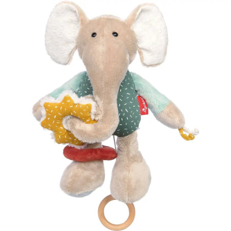 Kuscheltier-Elefant mit gelbem Stern, rotem Ring und Holz-Zieh-Ring unten.