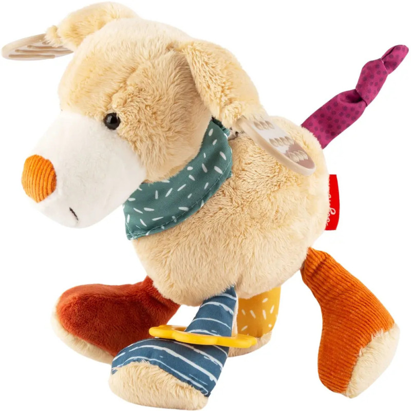 Plüschhund mit bunten Beinen, gemusterten Ohren und einem türkisfarbenen Schal um den Hals.