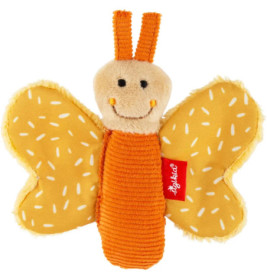 Plüsch-Schmetterling mit orangefarbenem Körper, gelben Flügeln und lächelndem Gesicht.