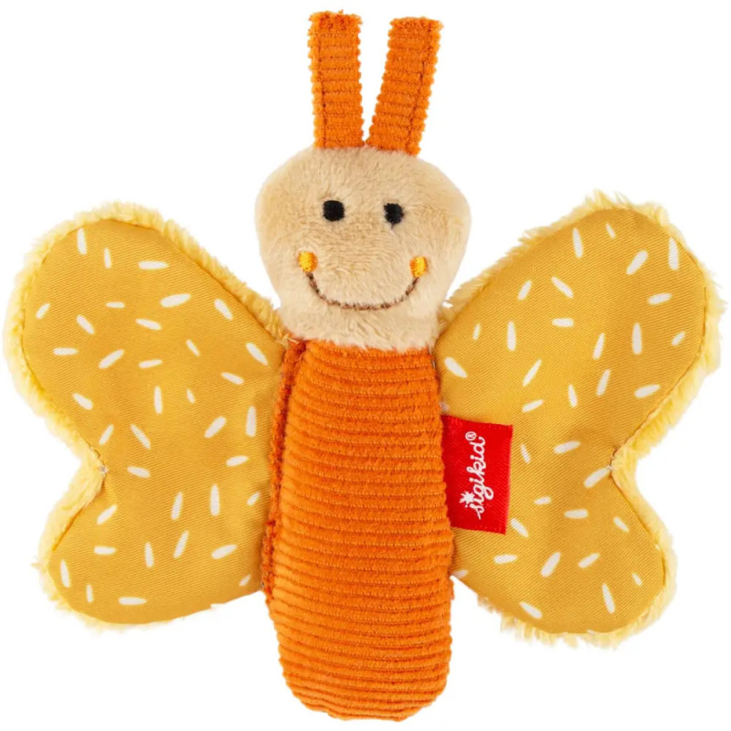 Plüsch-Schmetterling mit orangefarbenem Körper, gelben Flügeln und lächelndem Gesicht. Plüsch-Schmetterling mit orangefarbenem Körper, gelben Flügeln und lächelndem Gesicht.
