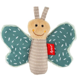 Plüsch-Schmetterling mit türkisfarbenen Flügeln, beigem Körper und lächelndem Gesicht mit gestickten Augen und Mund.