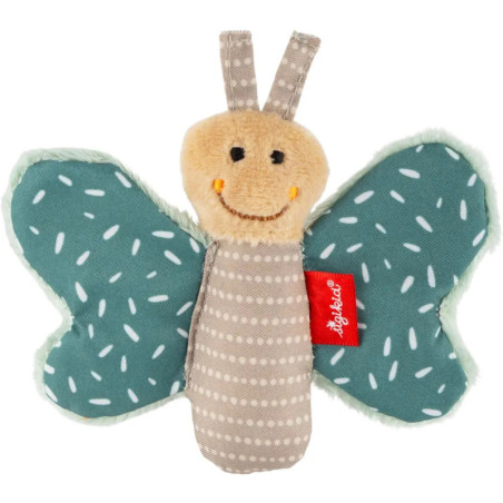 Plüsch-Schmetterling mit türkisfarbenen Flügeln, beigem Körper und lächelndem Gesicht mit gestickten Augen und Mund.