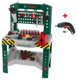 Bosch Spielzeug-Werkbank mit Werkzeugen und Bohrern, vorne mit Mechanic-Shop beschriftet.
