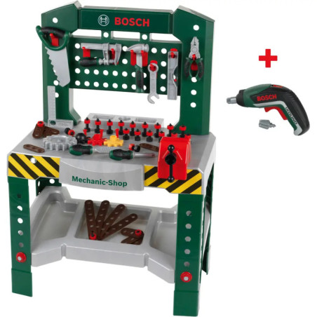 Bosch Spielzeug-Werkbank mit Werkzeugen und Bohrern, vorne mit Mechanic-Shop beschriftet.