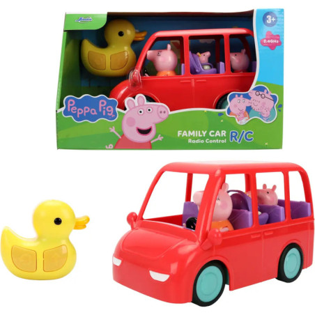 Peppa Pig Familienauto-Spielset mit Figuren, gelber Enten-Fernbedienung und bunter Verpackung.