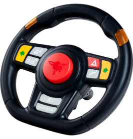 Schwarzes Spielzeuglenkrad mit bunten Tasten, darunter Symbole für Musik, Hupe und Licht.