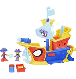 Buntes Spielzeug-Piratenschiff im Spider-Man-Design mit zwei Piratenfiguren, einem Fass und einer Schatztruhe.