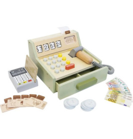 Spielkassen-Set mit Spielgeld, Karten, Münzen, Scanner und Belegdrucker vor weißem Hintergrund.