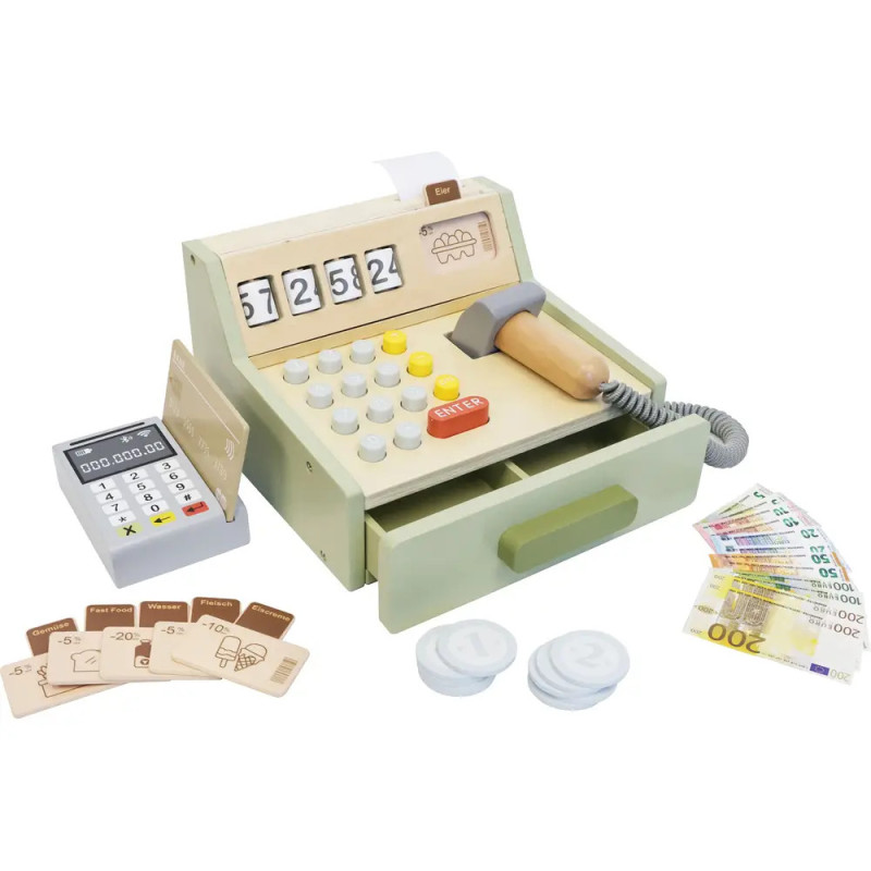 Spielkassen-Set mit Spielgeld, Karten, Münzen, Scanner und Belegdrucker vor weißem Hintergrund. Spielkassen-Set mit Spielgeld, Karten, Münzen, Scanner und Belegdrucker vor weißem Hintergrund.