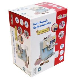 Spielzeug-Kaffeemaschinen-Set, Verpackung mit deutschem Text, Abbildungen der Teile und Altersempfehlung ab 3 Jahren.