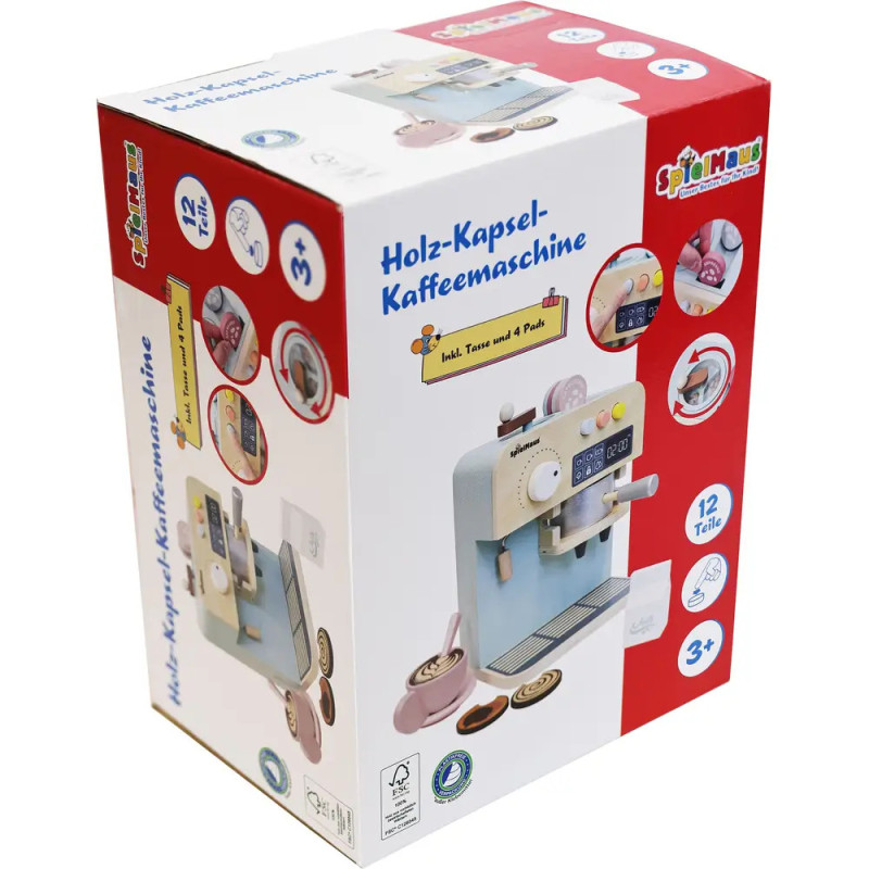 Spielzeug-Kaffeemaschinen-Set, Verpackung mit deutschem Text, Abbildungen der Teile und Altersempfehlung ab 3 Jahren. Spielzeug-Kaffeemaschinen-Set, Verpackung mit deutschem Text, Abbildungen der Teile und Altersempfehlung ab 3 Jahren.