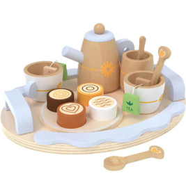 Holzspielzeug-Teeset mit Tassen, Kanne, Teebeuteln, Keksen und Besteck auf einem Tablett.
