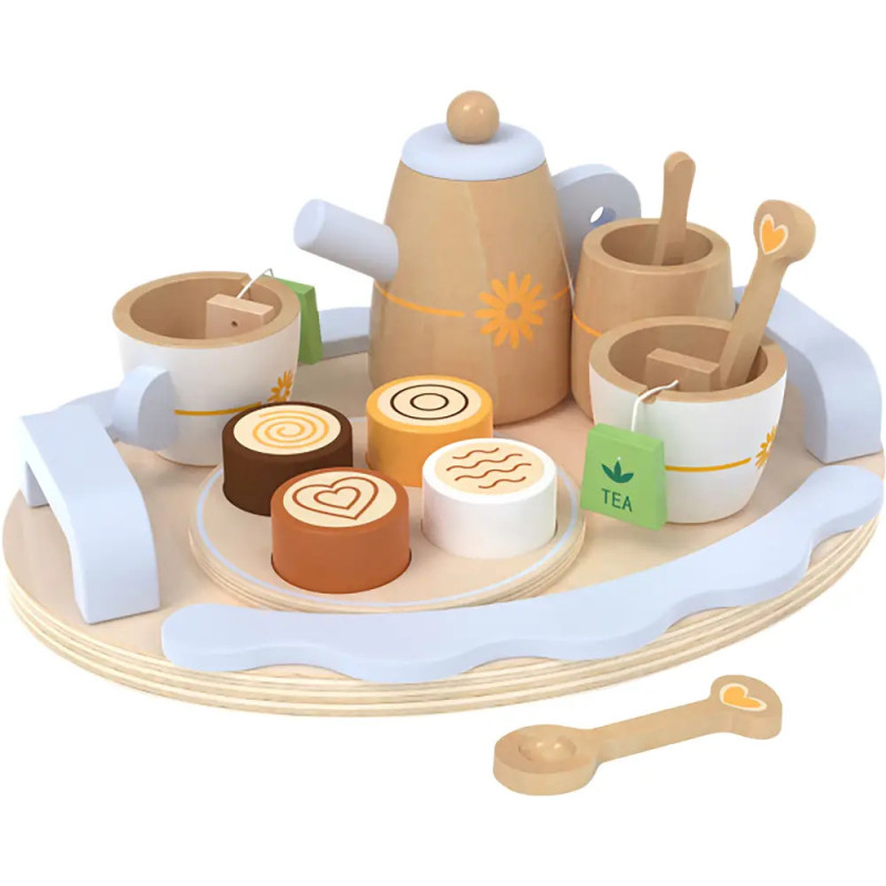 Holzspielzeug-Teeset mit Tassen, Kanne, Teebeuteln, Keksen und Besteck auf einem Tablett. Holzspielzeug-Teeset mit Tassen, Kanne, Teebeuteln, Keksen und Besteck auf einem Tablett.