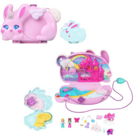 Rosa Spielset in Hasenform mit Spielfiguren, Spielzeug und einer bunten Fantasieschloss-Szene im Inneren.