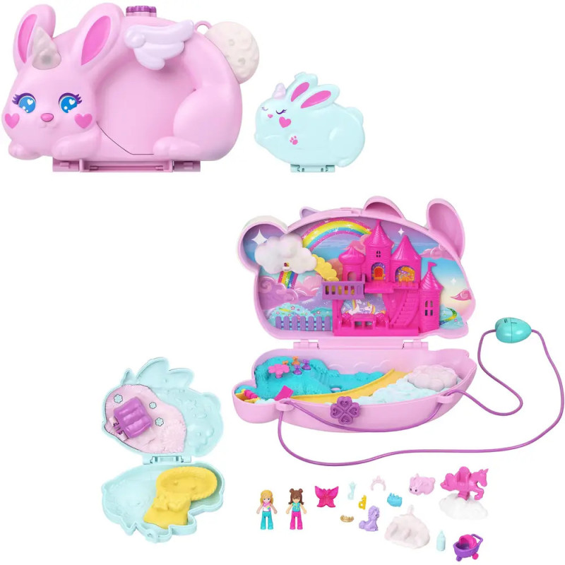 Rosa Spielset in Hasenform mit Spielfiguren, Spielzeug und einer bunten Fantasieschloss-Szene im Inneren. Rosa Spielset in Hasenform mit Spielfiguren, Spielzeug und einer bunten Fantasieschloss-Szene im Inneren.
