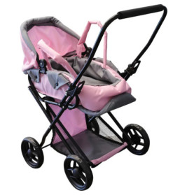 Rosa-grauer Spielzeugkinderwagen mit Griff, vier Rädern und einem Netzkorb darunter.