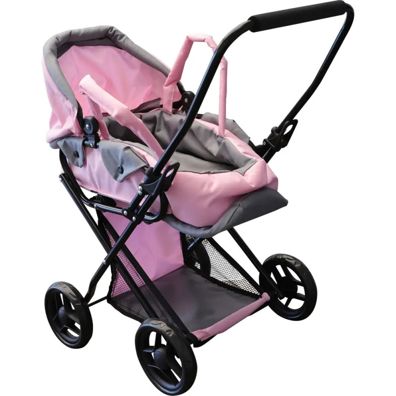 Rosa-grauer Spielzeugkinderwagen mit Griff, vier Rädern und einem Netzkorb darunter. Rosa-grauer Spielzeugkinderwagen mit Griff, vier Rädern und einem Netzkorb darunter.