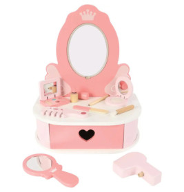 Rosa-weißes Spielzeug-Schminktischset mit Spiegel, Schubladen und Zubehör für fantasievolles Schminken.