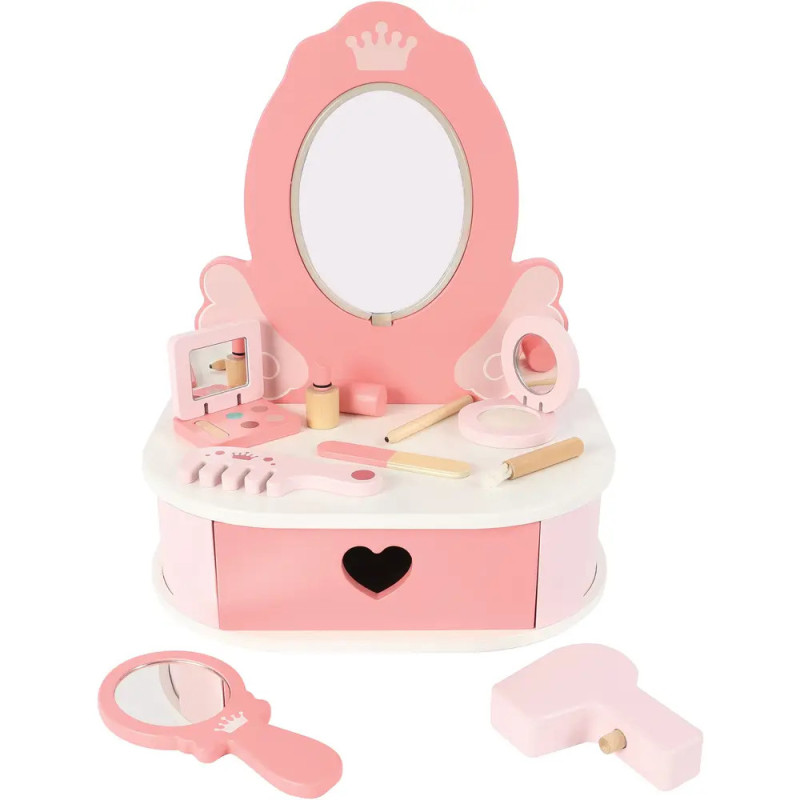 Rosa-weißes Spielzeug-Schminktischset mit Spiegel, Schubladen und Zubehör für fantasievolles Schminken.