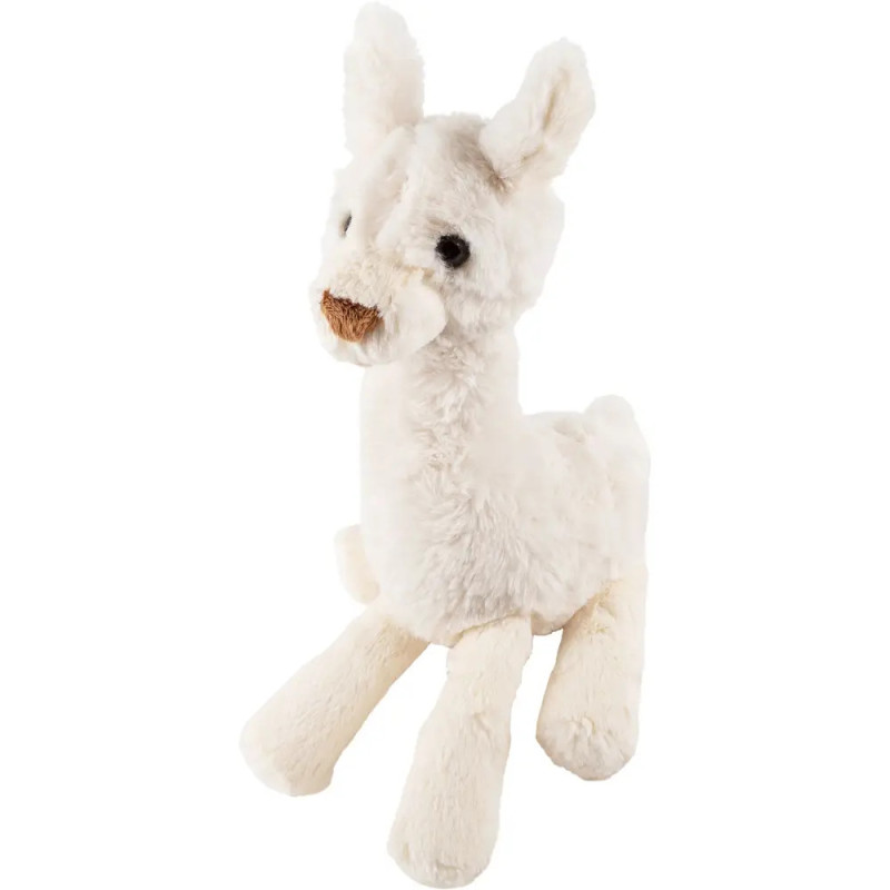 Weißes Lama-Stofftier mit langen Beinen und aufgerichteten Ohren, sitzt aufrecht.