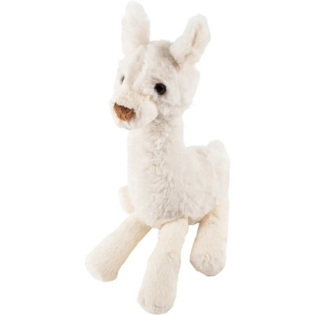 Weißes Lama-Stofftier mit langen Beinen und aufgerichteten Ohren, sitzt aufrecht.