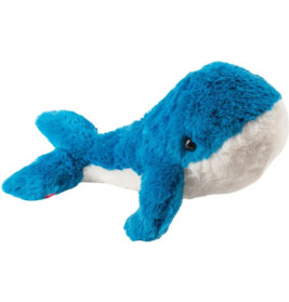 Blau-weißer Plüsch-Wal mit weicher, flauschiger Oberfläche und kleinem schwarzen Auge.