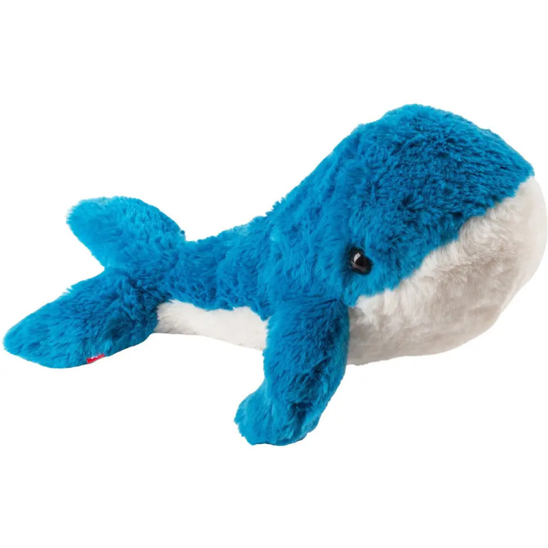 Blau-weißer Plüsch-Wal mit weicher, flauschiger Oberfläche und kleinem schwarzen Auge. Blau-weißer Plüsch-Wal mit weicher, flauschiger Oberfläche und kleinem schwarzen Auge.