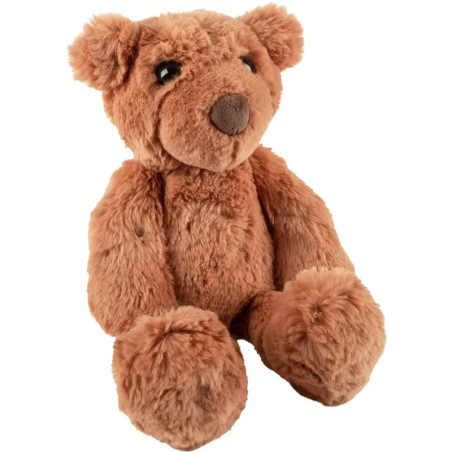Ein weicher, brauner Plüsch-Teddybär mit dunklen Augen sitzt aufrecht vor weißem Hintergrund.