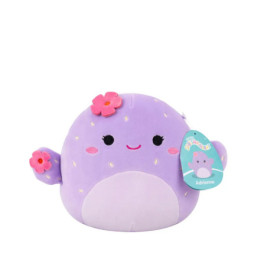Rundes, lilafarbenes Plüschtier mit rosa Blumen, lächelndem Gesicht und Squishmallows-Tag Adrienne.
