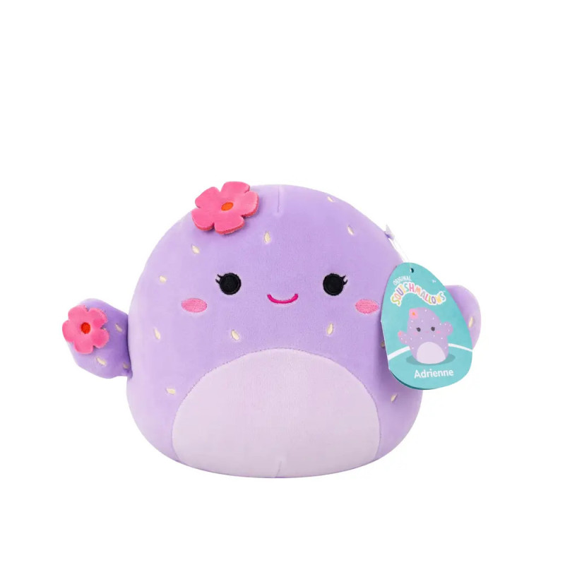 Rundes, lilafarbenes Plüschtier mit rosa Blumen, lächelndem Gesicht und Squishmallows-Tag Adrienne. Rundes, lilafarbenes Plüschtier mit rosa Blumen, lächelndem Gesicht und Squishmallows-Tag Adrienne.