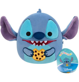 Plüsch-Stitch-Squishmallow hält einen Keks und trägt ein Etikett.