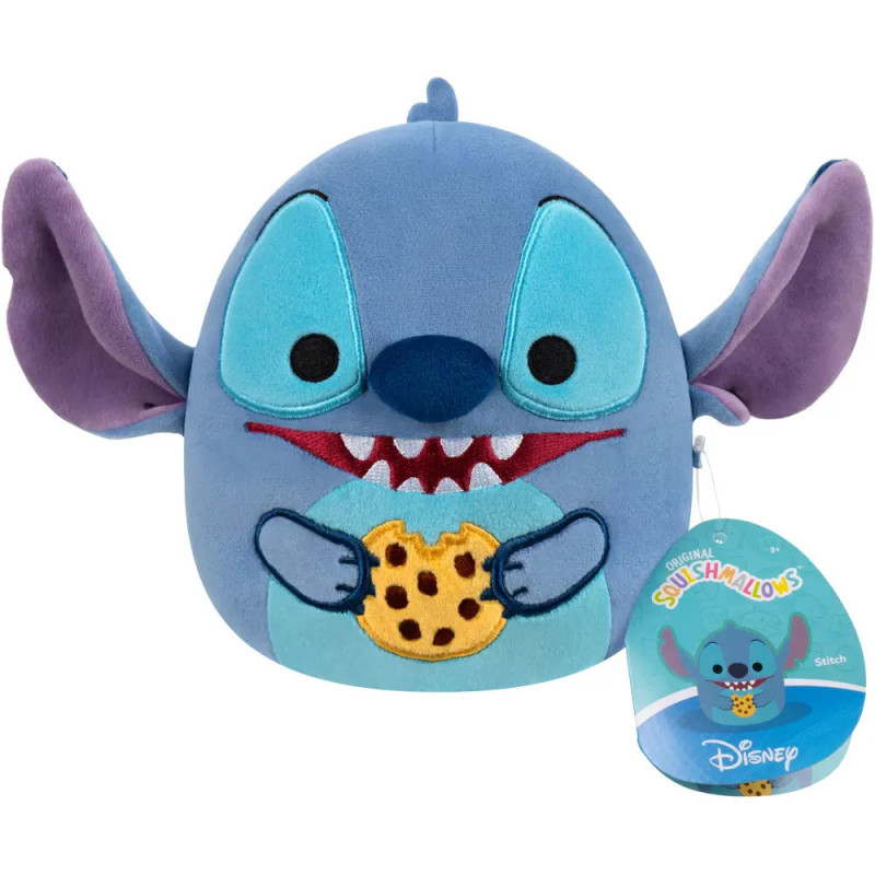 Plüsch-Stitch-Squishmallow hält einen Keks und trägt ein Etikett. Plüsch-Stitch-Squishmallow hält einen Keks und trägt ein Etikett.