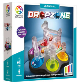 Dropzone Logikspiel: Verpackung mit bunter Murmelbahn aus Röhren und Murmeln vor weißem Hintergrund.
