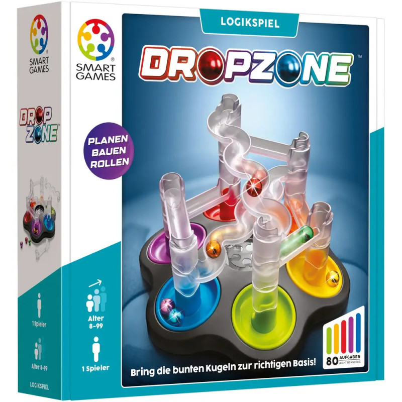 Dropzone Logikspiel: Verpackung mit bunter Murmelbahn aus Röhren und Murmeln vor weißem Hintergrund. Dropzone Logikspiel: Verpackung mit bunter Murmelbahn aus Röhren und Murmeln vor weißem Hintergrund.