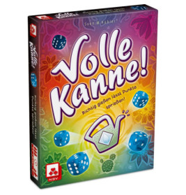Bunte Volle Kanne!-Spielbox mit Würfeln, Blättern und Gießkanne auf dem Cover.