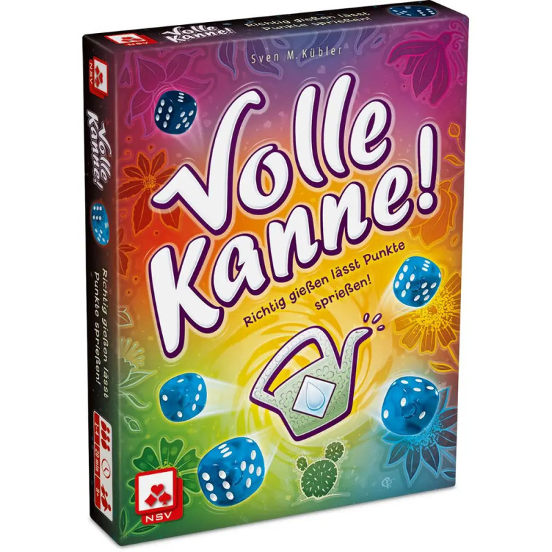 Bunte Volle Kanne!-Spielbox mit Würfeln, Blättern und Gießkanne auf dem Cover. Bunte Volle Kanne!-Spielbox mit Würfeln, Blättern und Gießkanne auf dem Cover.