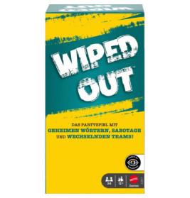 Wiped Out: Partyspiel für 3-6 Spieler ab 12 Jahren, gelbes und türkisfarbenes Design, deutscher Text, auffälliger Titel.