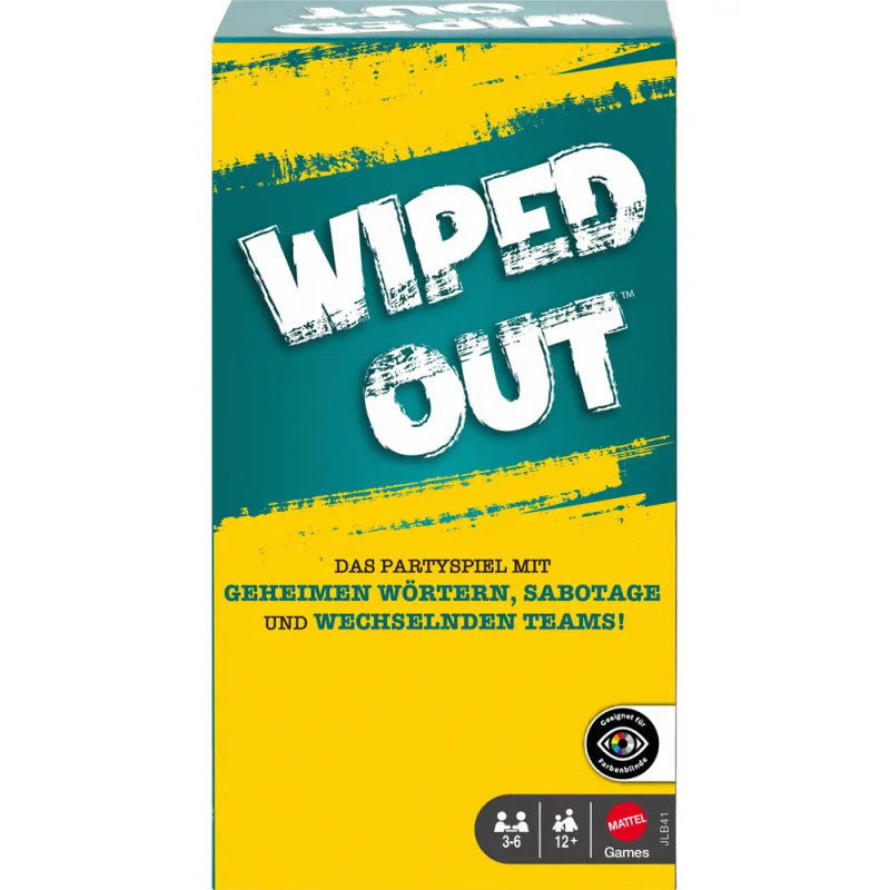 Wiped Out: Partyspiel für 3-6 Spieler ab 12 Jahren, gelbes und türkisfarbenes Design, deutscher Text, auffälliger Titel.