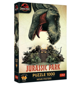 1000-teiliges Jurassic Park Puzzle mit Dinosaurier, Parktor und üppigem Grün auf der Verpackung.