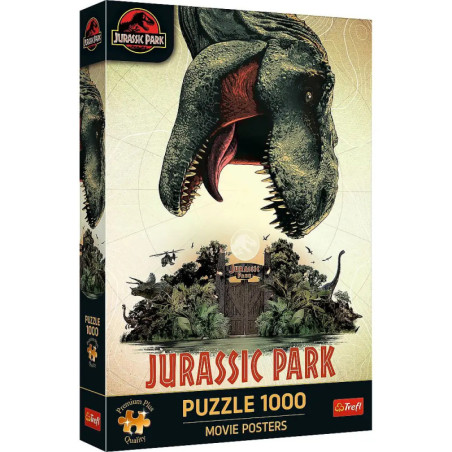 1000-teiliges Jurassic Park Puzzle mit Dinosaurier, Parktor und üppigem Grün auf der Verpackung.
