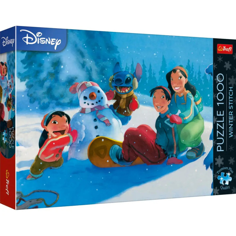 Lilo, Stitch und Freunde stehen mit einem Schneemann in winterlicher Szenerie auf einer Disney Puzzlebox. Lilo, Stitch und Freunde stehen mit einem Schneemann in winterlicher Szenerie auf einer Disney Puzzlebox.