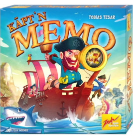 Buntes Käptn Memo-Spielcover mit Pirat, Schiff und Hai in Cartoon-Optik.