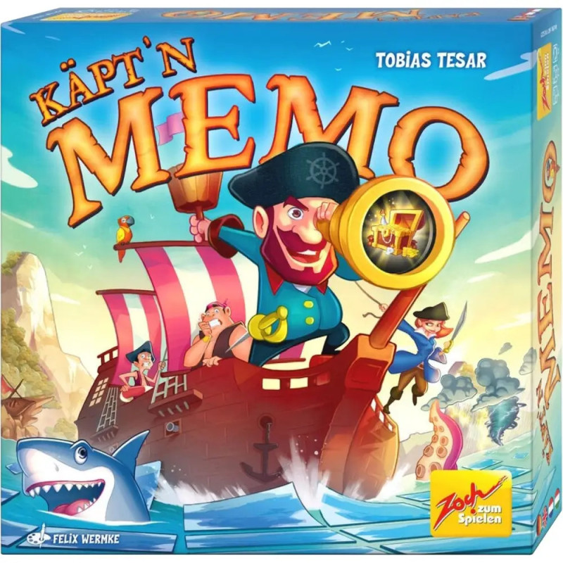 Buntes Käptn Memo-Spielcover mit Pirat, Schiff und Hai in Cartoon-Optik. Buntes Käptn Memo-Spielcover mit Pirat, Schiff und Hai in Cartoon-Optik.