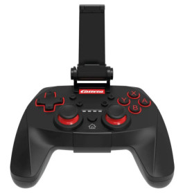Schwarz-roter Gaming-Controller mit Smartphone-Halterung, von vorne betrachtet.