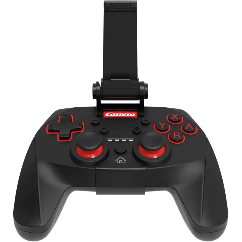 Schwarz-roter Gaming-Controller mit Smartphone-Halterung, von vorne betrachtet.