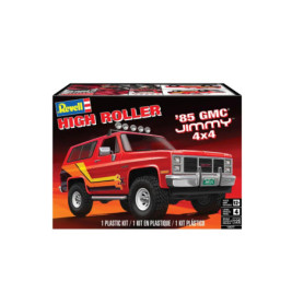 Revell Modellbausatz eines roten GMC Jimmy 4x4 (85) mit gelben Streifen und großem High Roller-Schriftzug.
