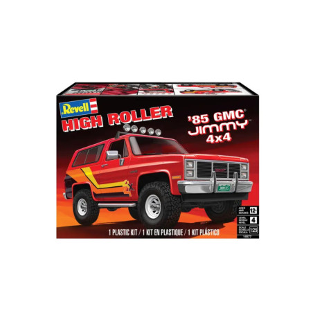 Revell Modellbausatz eines roten GMC Jimmy 4x4 (85) mit gelben Streifen und großem High Roller-Schriftzug.
