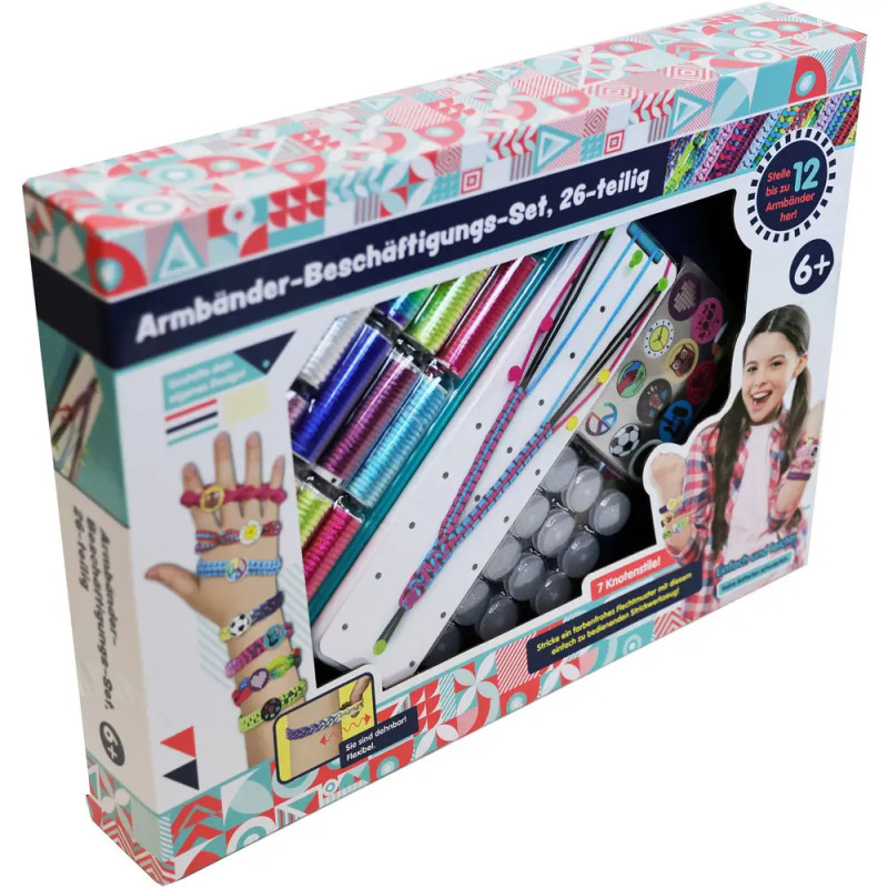 Armband-Set in Box mit bunten Fäden, Perlen und Werkzeug, gemustert, geeignet ab 6 Jahren. Armband-Set in Box mit bunten Fäden, Perlen und Werkzeug, gemustert, geeignet ab 6 Jahren.