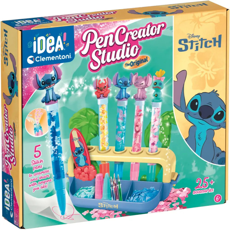 Disney Stitch Pen Creator Studio mit bunten Stiften, Stiftteilen und Stitch-Dekorationen auf der Verpackung.